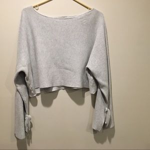 Zara knit sweater bell bow tie sleeve cropped grey